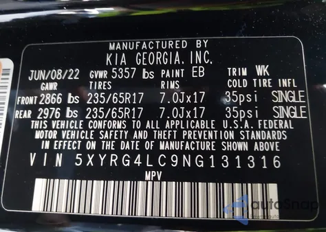 2022 Kia Sorento Lx из США, поврежденный, VIN 5XYRG4LC9NG131316